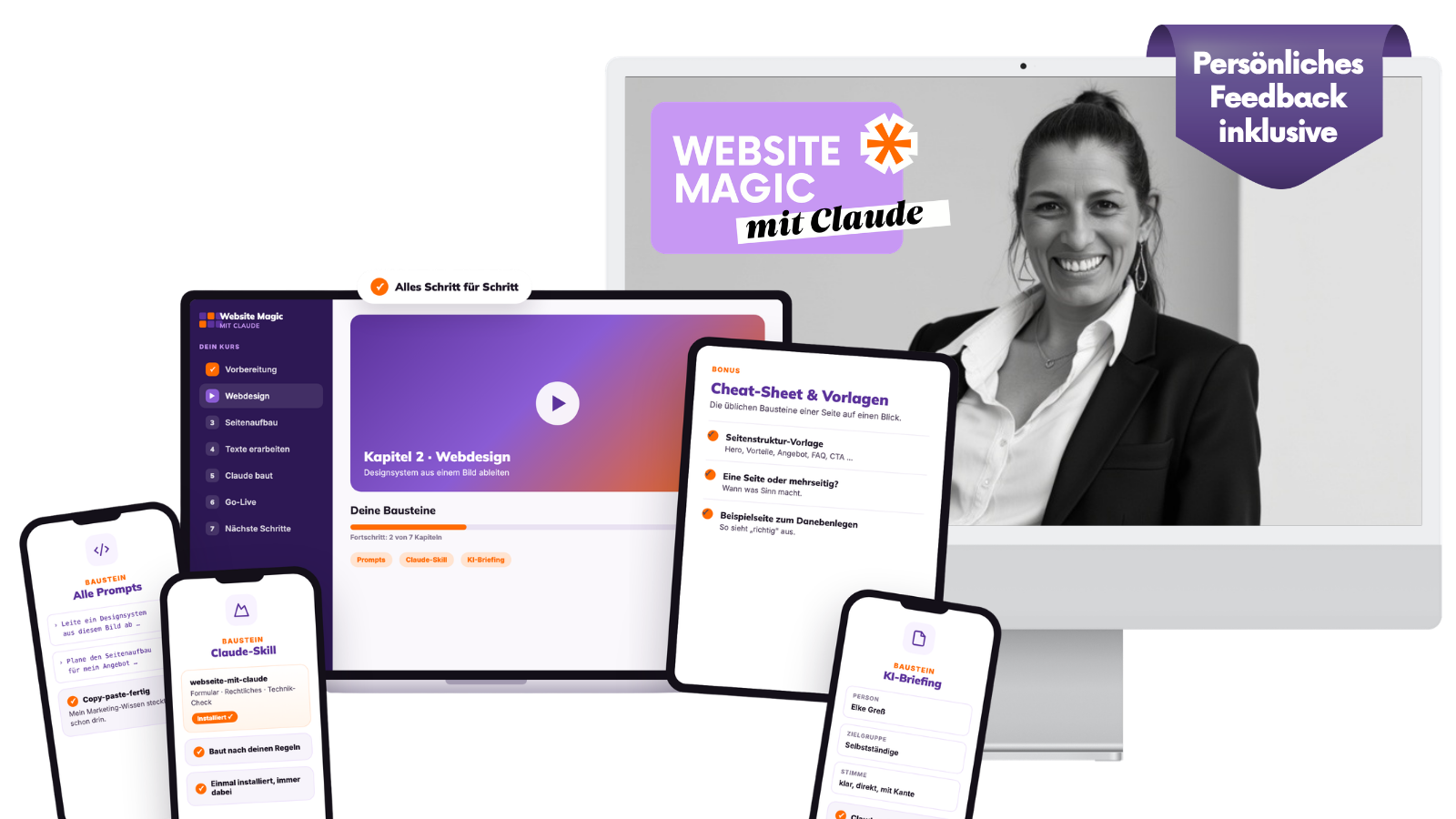 Elke Greß mit ihren mit Claude gebauten Webseiten und Materialien